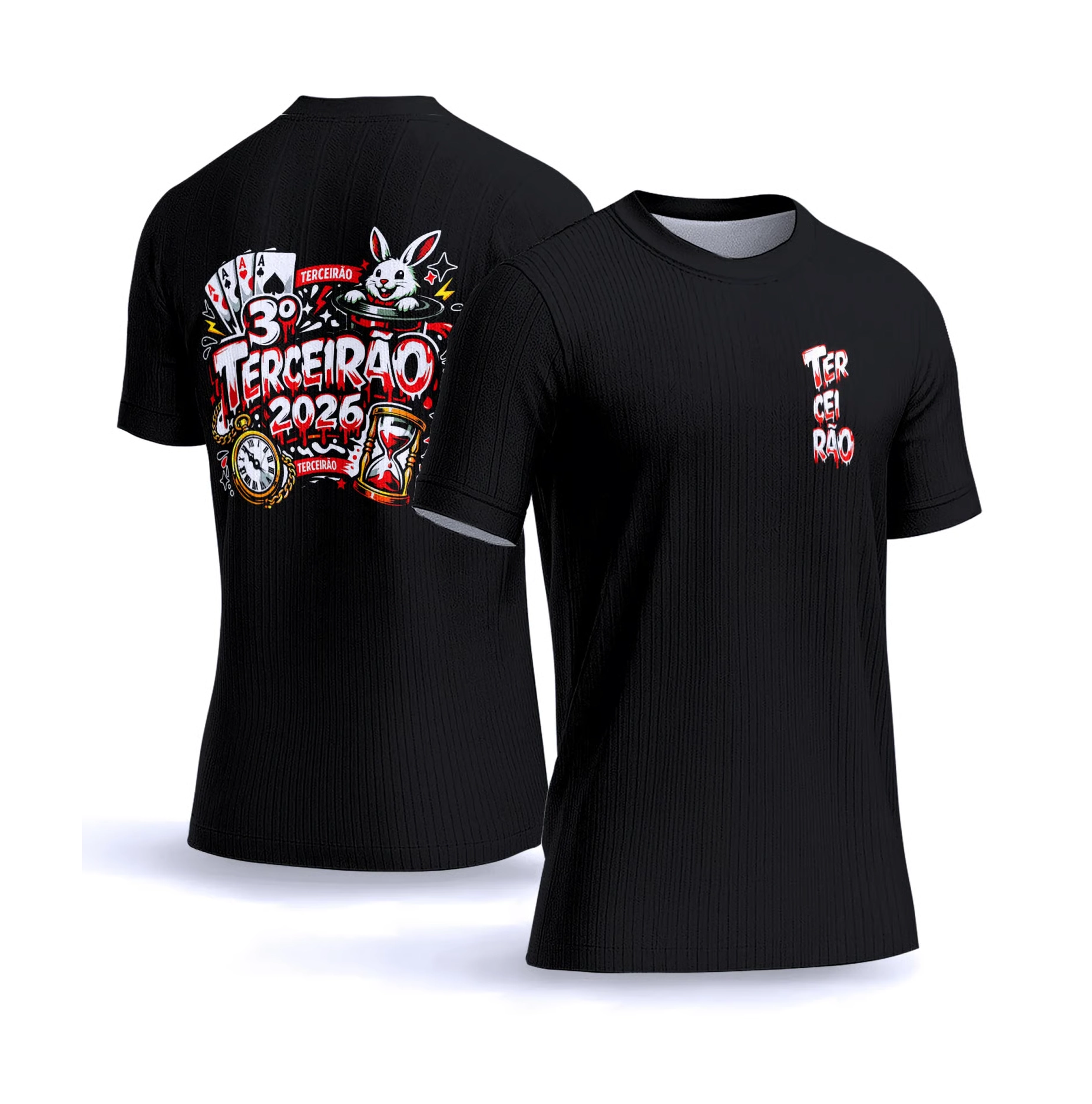 Camiseta preta Terceirão 2026 com estampa de cartas, relógio e elementos marcantes nas costas.