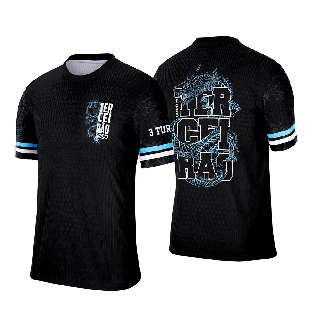 Camiseta preta Terceirão 2026 com arte de dragão nas costas e design moderno em azul e branco.