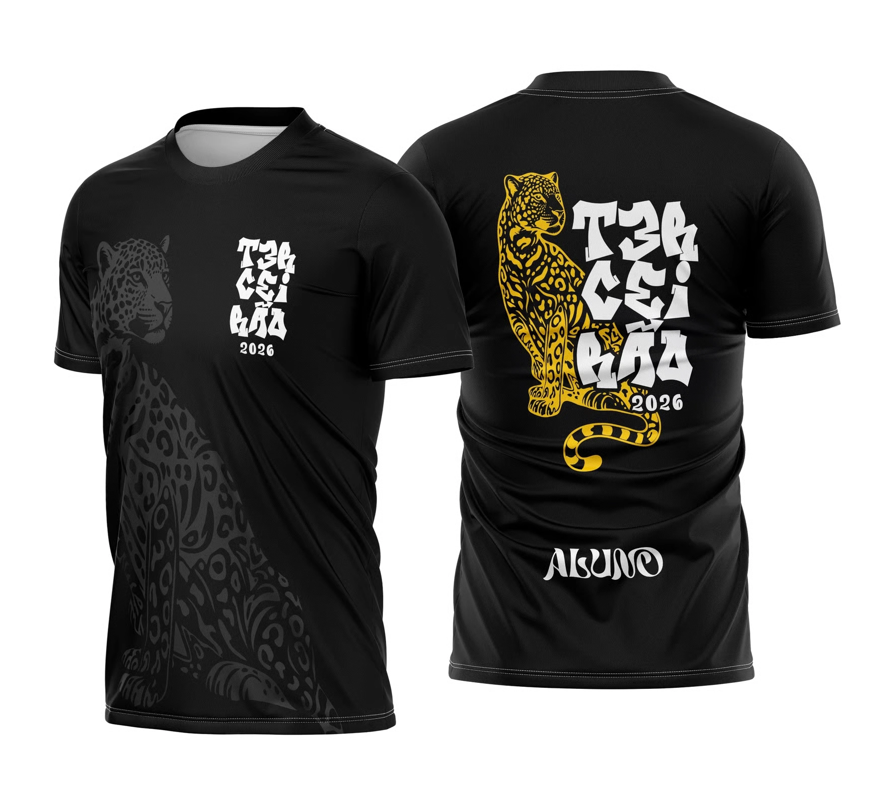Camiseta preta Terceirão 2026 com estampa de onça dourada nas costas e arte discreta frontal.