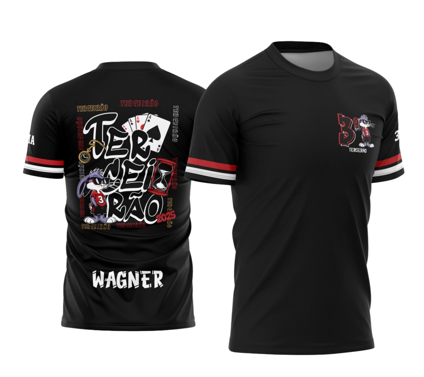 Camiseta preta Terceirão 2026 com personagem estilo Pernalonga, cartas e ampulheta, personalizada com nome.