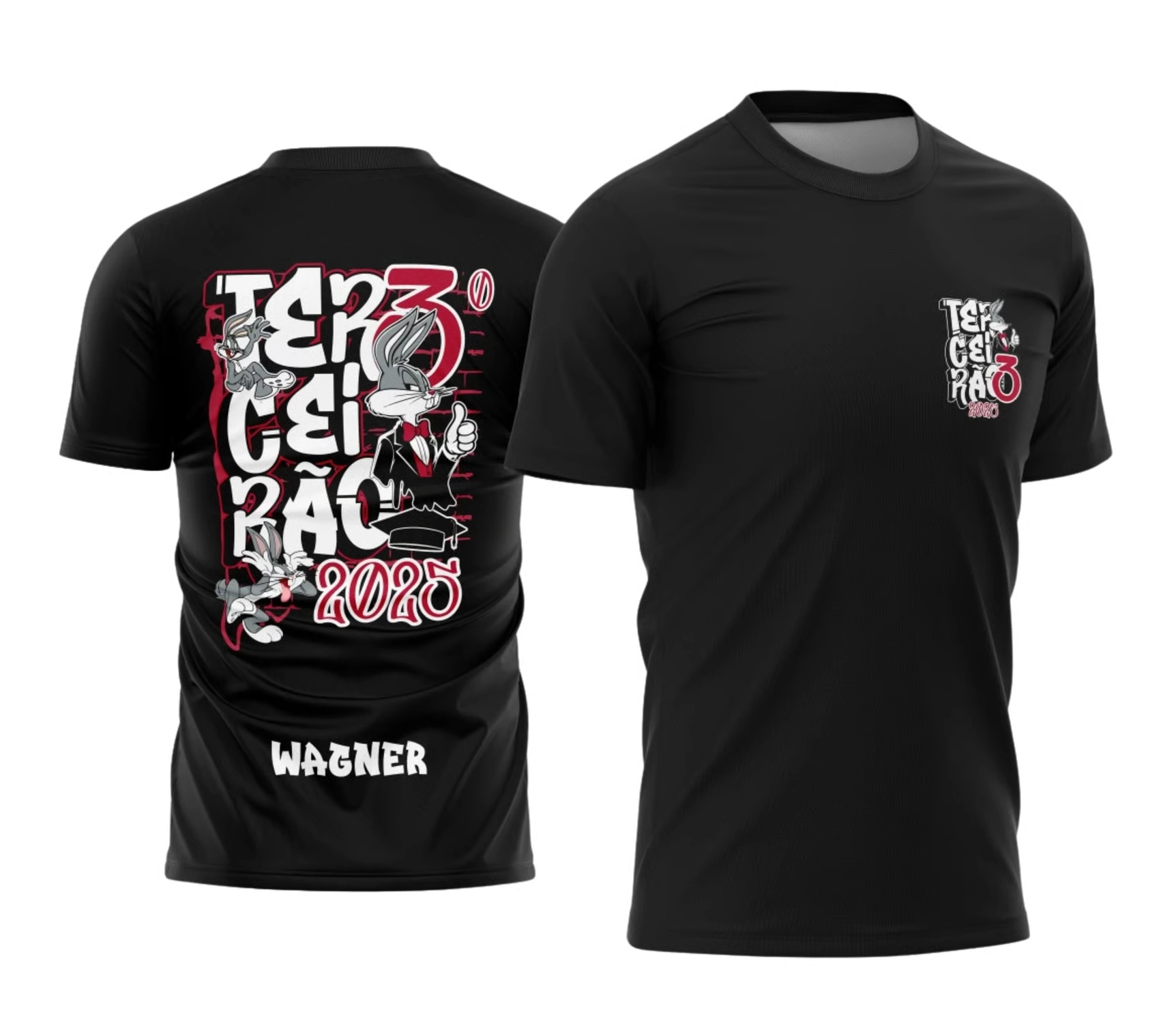 Camiseta preta Terceirão 2026 com personagem estilo Pernalonga fazendo joinha e personalização com nome.