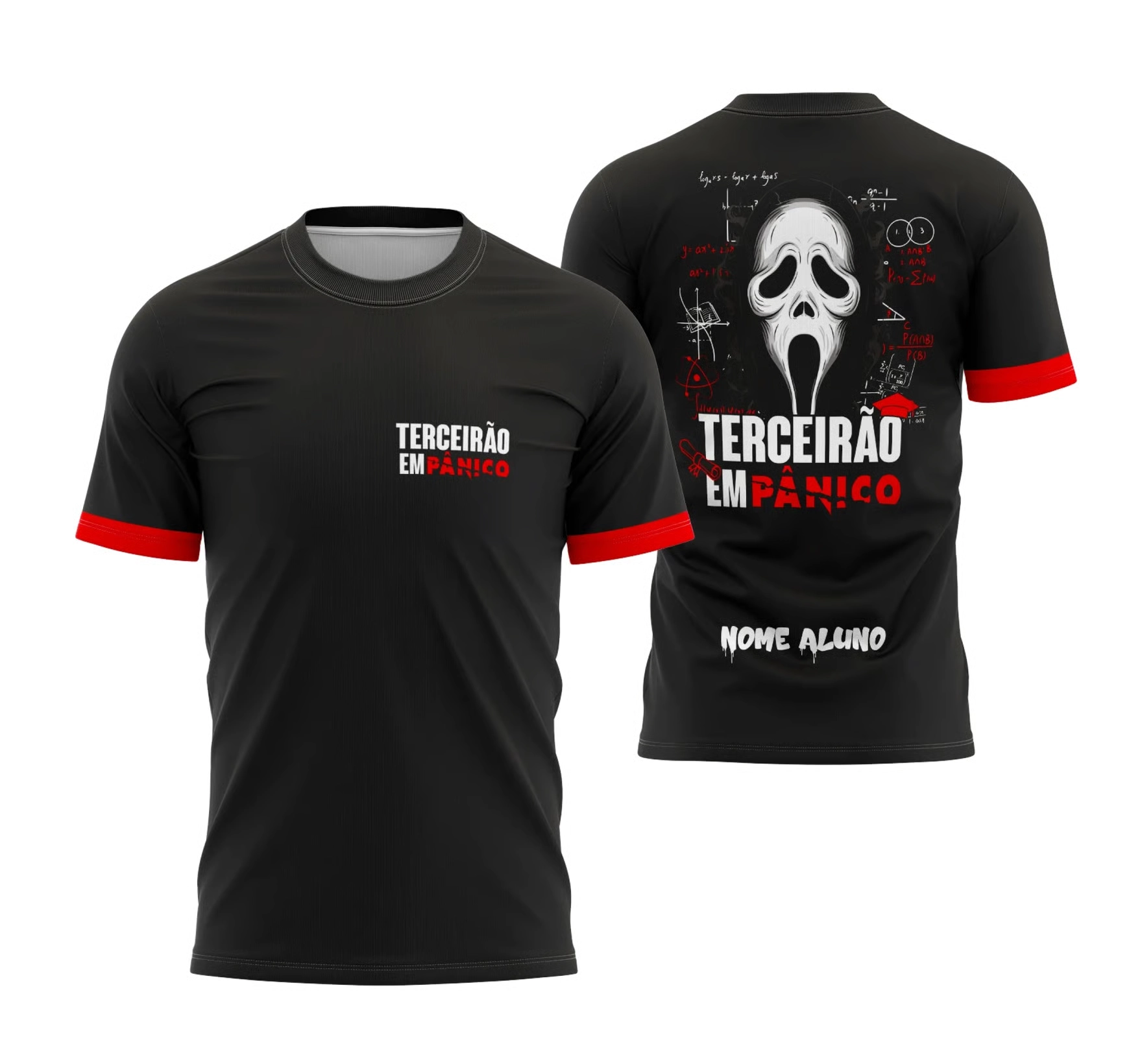 Camiseta preta Terceirão 2026 com estampa temática “em pânico” e elementos gráficos nas costas.