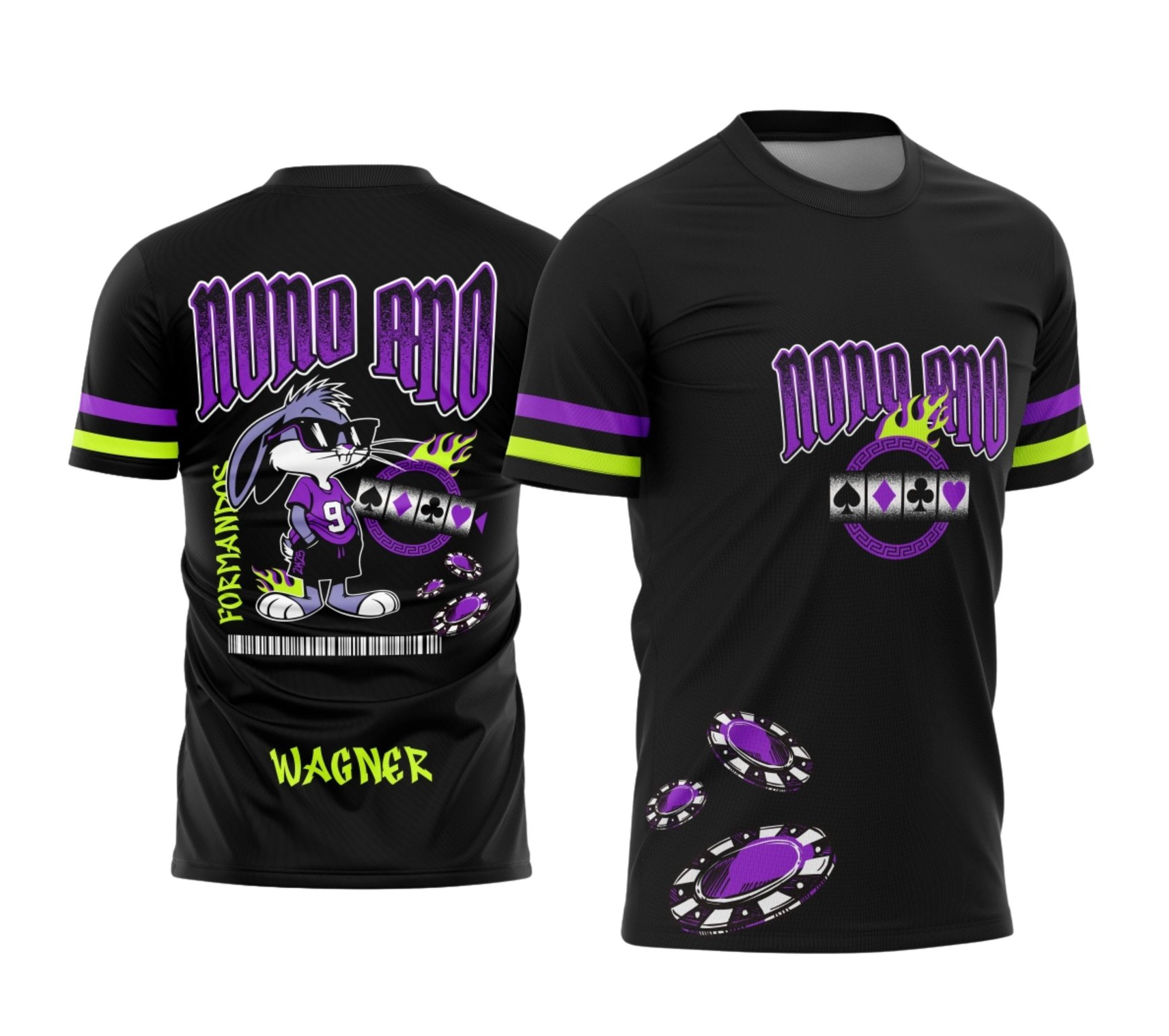Mockup de camiseta preta de formatura para o nono ano com arte streetwear contendo um cérebro, pantera e letras derretidas em roxo e verde neon. Camisa personalizada com o nome Wagner, produzida pela Tailey Sports em Palotina.