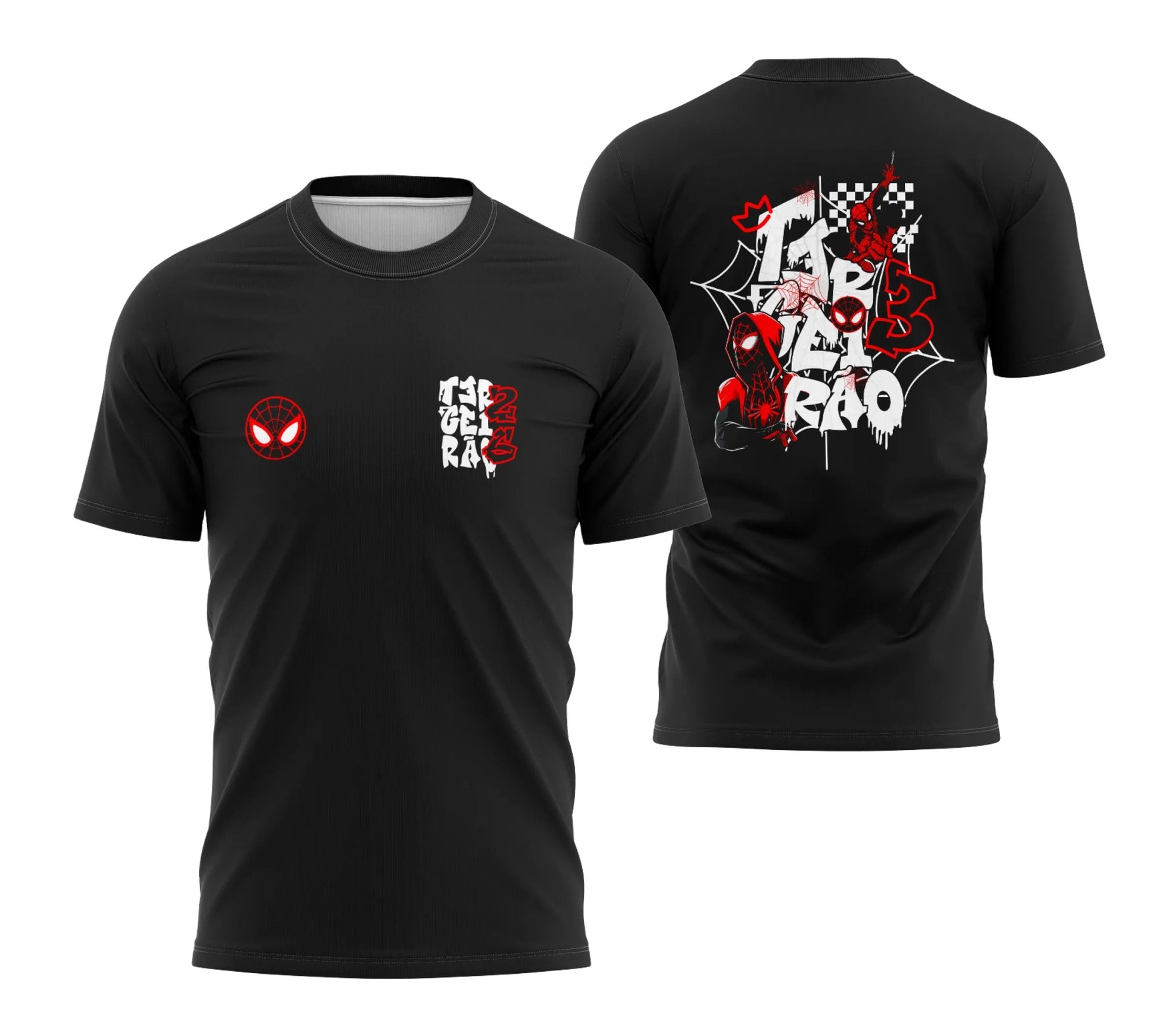 Mockup de camiseta preta de formatura para o terceirão com arte streetwear inspirada no Homem-Aranha, contendo teias, o herói em ação e a palavra Terceirão com letras derretidas em branco e vermelho. Produzida pela Tailey Sports em Palotina.