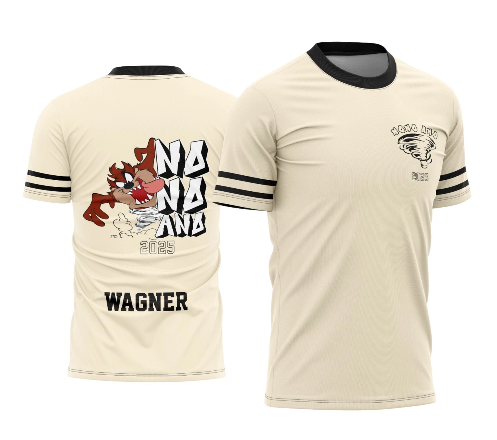 Camisa bege personalizada Nono Ano 2026 com estampa estilo Taz e nome do aluno nas costas