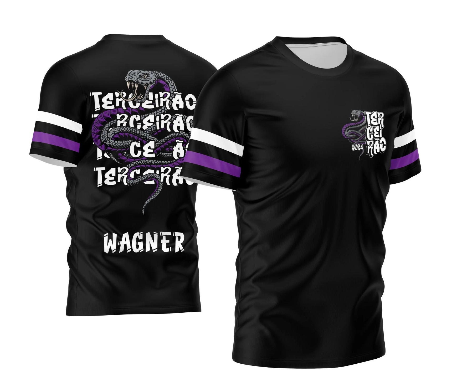 Camisa preta personalizada Terceirão 2026 com estampa de cobra roxa e nome nas costas