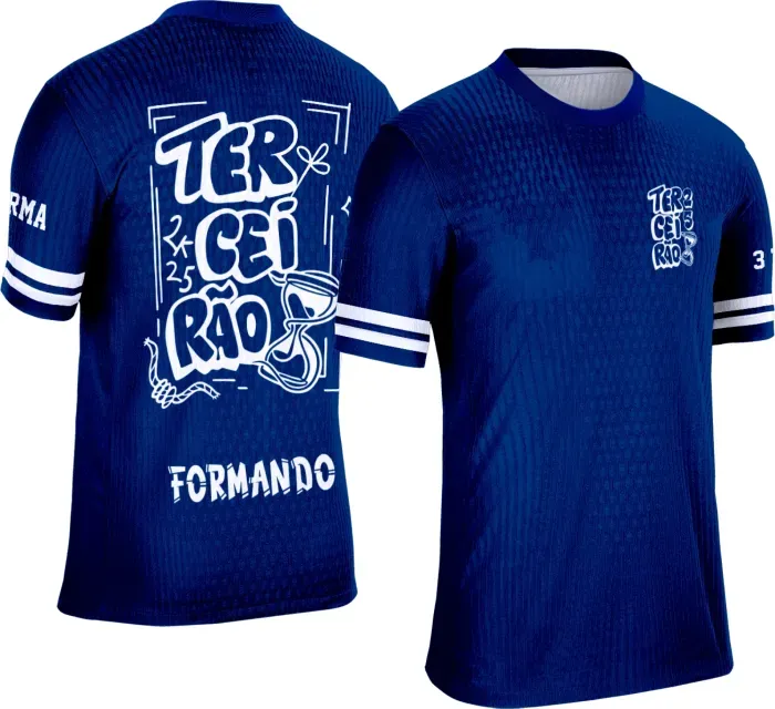 Camiseta azul personalizada Terceirão 2026 com estampa grafite e ampulheta