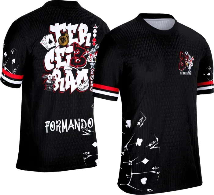 Camiseta preta personalizada Terceirão 2026 com estampa temática de baralho