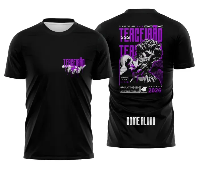 Camiseta preta personalizada Terceirão 2026 com estampa de estátua clássica moderna em roxo