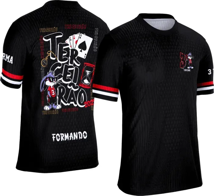 Camiseta preta personalizada Terceirão 2026 com personagem estilo cartoon e cartas de baralho