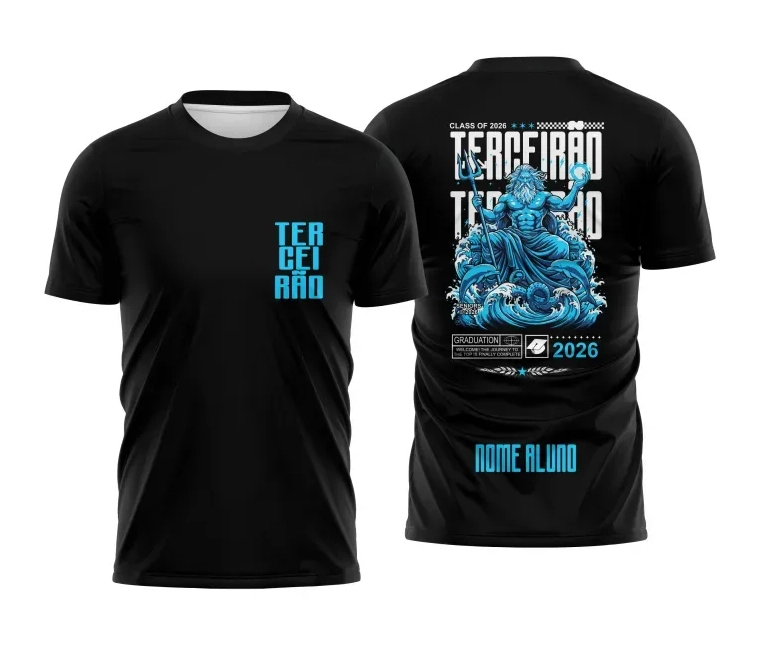 Camiseta preta personalizada Terceirão 2026 com estampa de Poseidon azul e nome nas costas